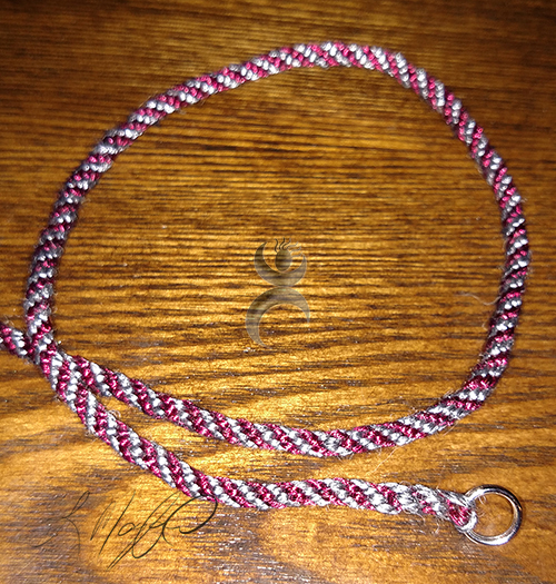 "Kumihimo MSU", created by hand with acrylic yarns - basic 2-color, 8-strand spiral round braid