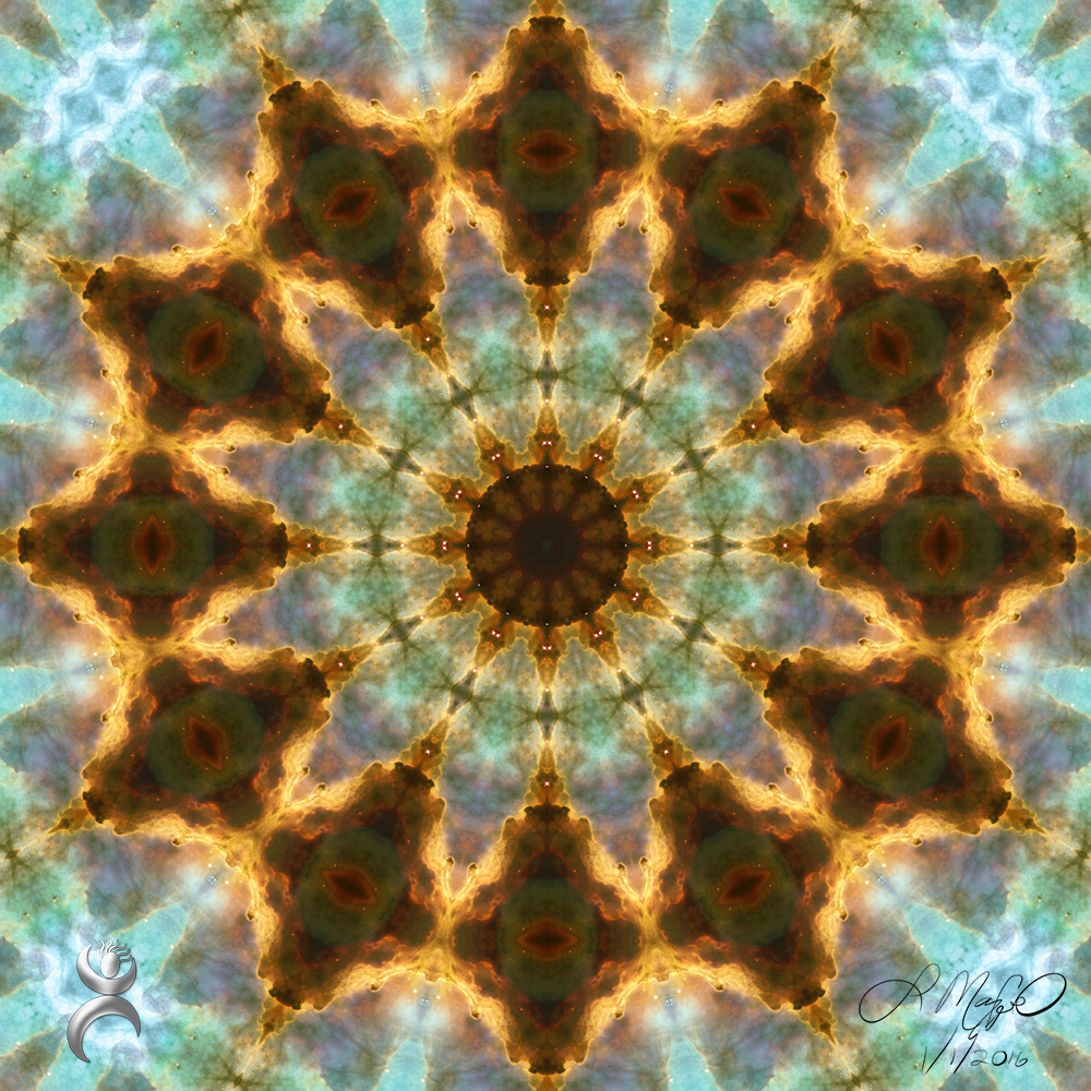 "Kaleidoscoped Omega Nebula", created in Photoshop with the Mehdi Kaleidoscope plugin